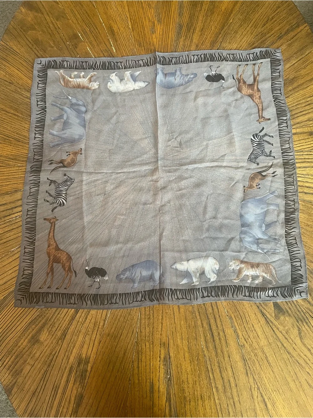 Vintage Gray Animal Border Silk Scarf - Unbranded